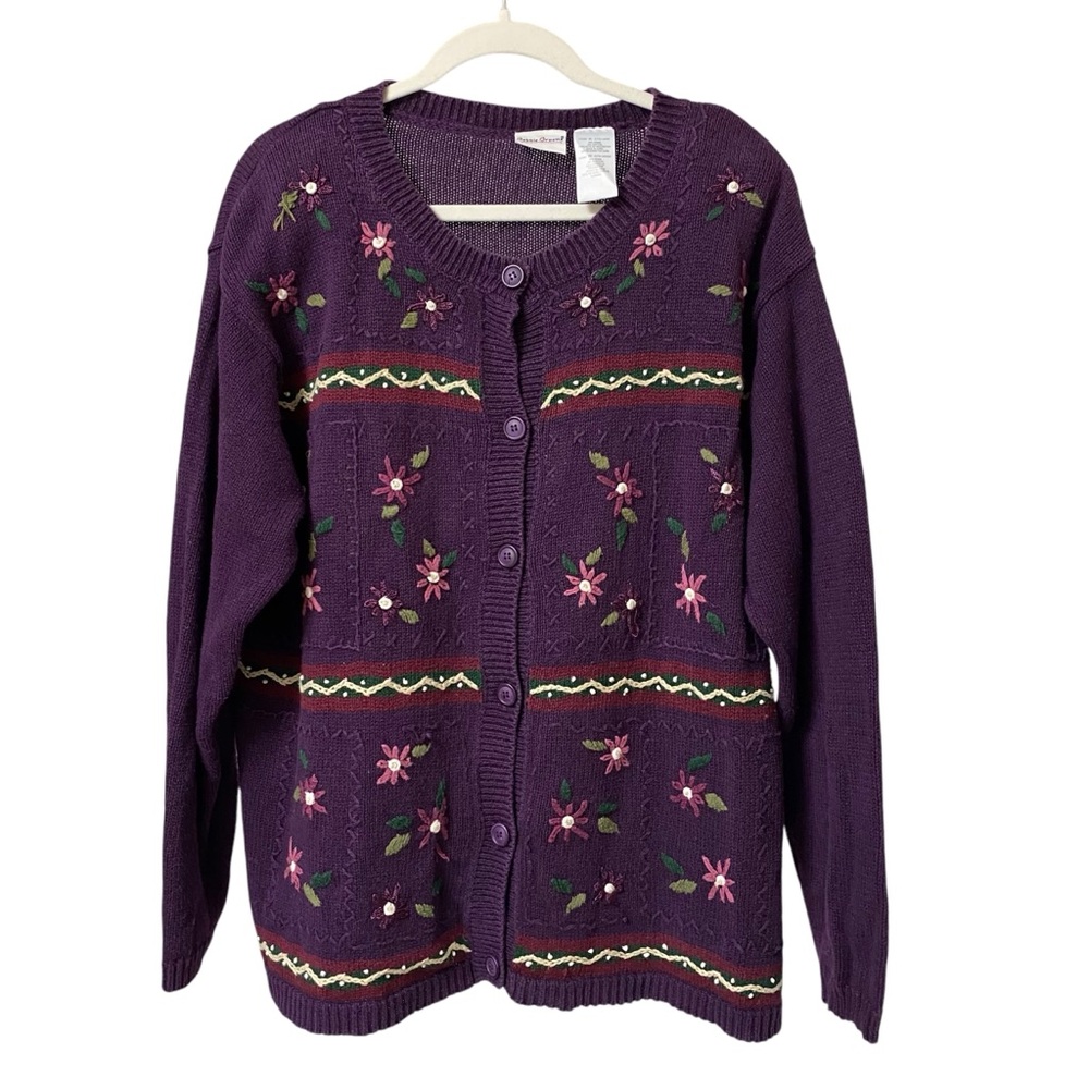 Vintage Bobbie Brooks chunky knit embroidered cottagecore button up sweater XL